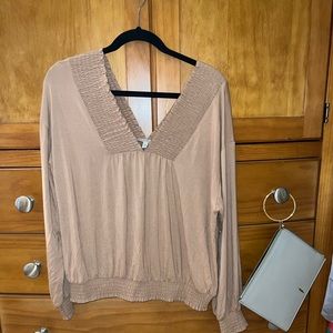 Express One Eleven caramel colored, long sleeve, plunging neckline shirt!
